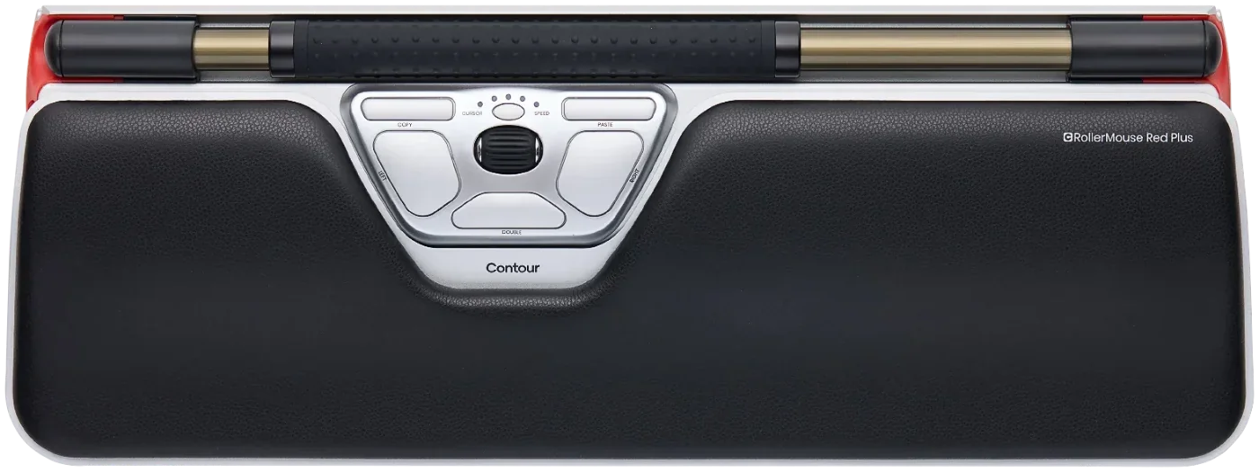 A RollerMouse Red Plus seen from above: a long roller bar with a padded wrist rest along the front.