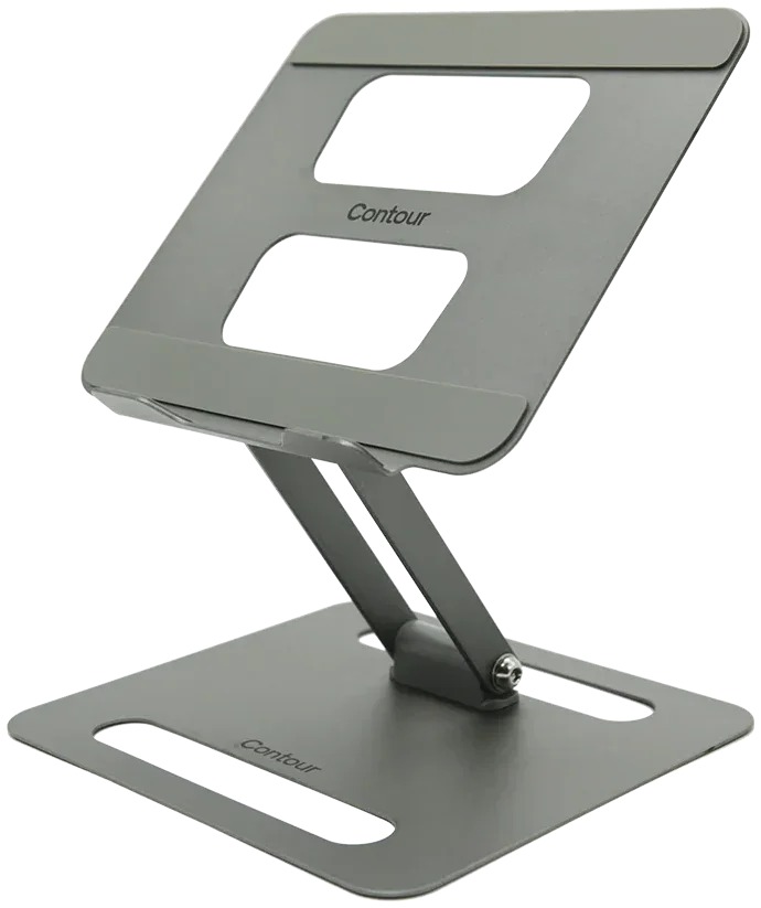 A grey metal laptop riser with an angled top plate on a folding stand.